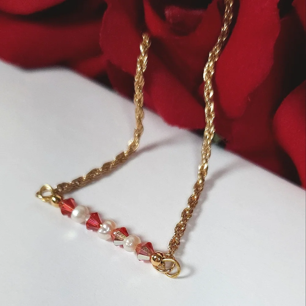Handmade White Pearl & Pink Peach AB Crystal Bar Gold Bracelet Rope Twist Chain